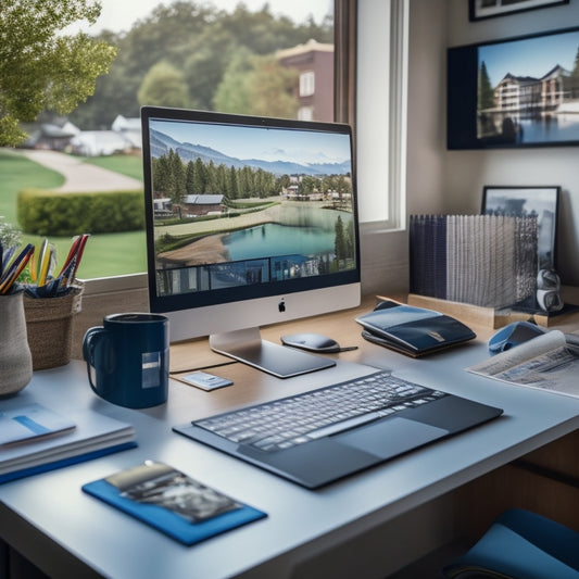 A tidy, modern desk with a laptop, a folder filled with colorful tabs, and a few neatly arranged pens, surrounded by a subtle background of a residential neighborhood with houses and trees.