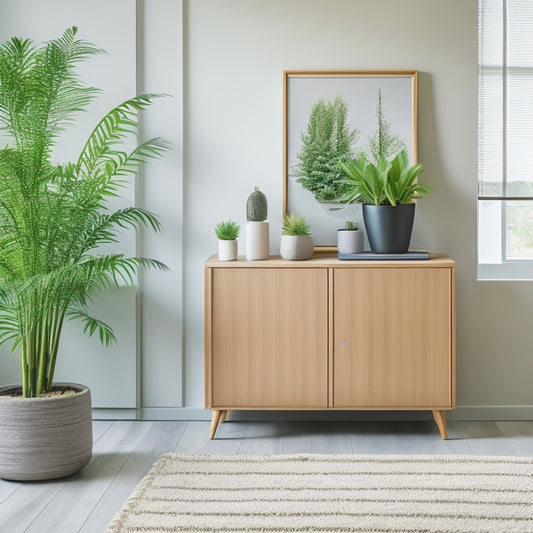 A tidy, modern living room with a minimalist aesthetic, featuring a compact, natural bamboo shoe cabinet with two sliding doors, placed against a light-gray wall, surrounded by a few potted plants.