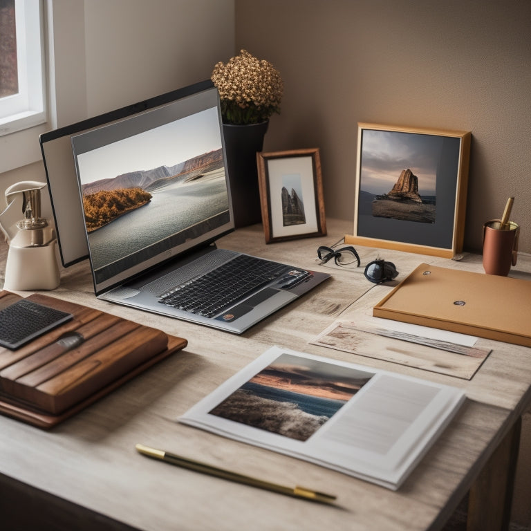 A tidy desk with a neatly arranged photo album, a laptop with an organized digital photo library on the screen, and a few framed photos leaning against a minimalist background.