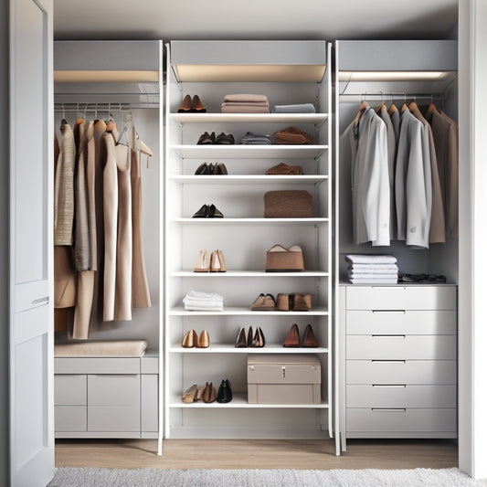 A minimalist, modern closet with sleek, silver SCHULTE Systems shelves and rods, surrounded by neatly organized clothes, shoes, and accessories, with a warm, natural light filtering through the background.