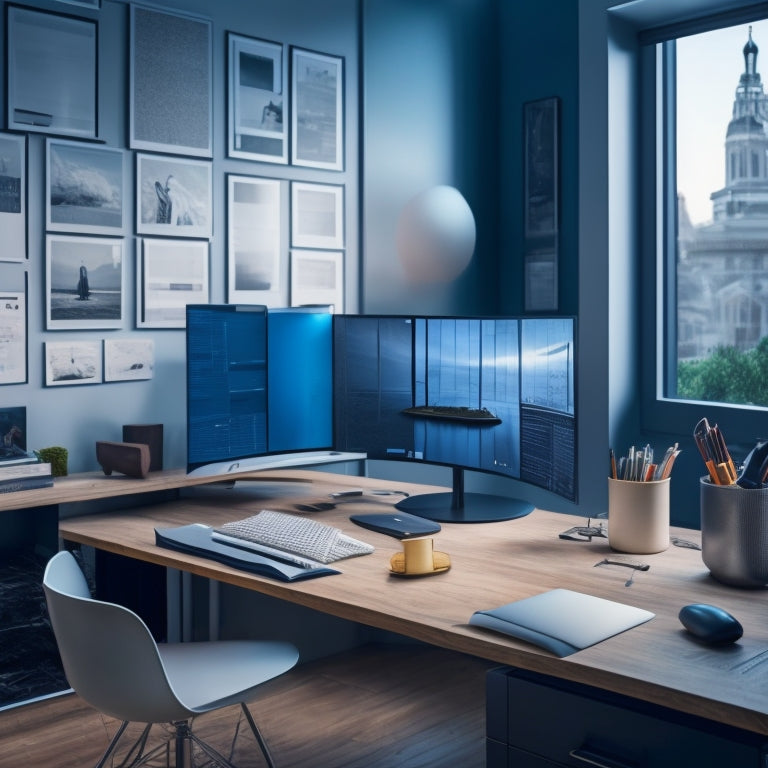 A minimalist, modern workspace with a large, curved computer screen displaying a 3D closet design, surrounded by architectural blueprints, rulers, and a few scattered design magazines.