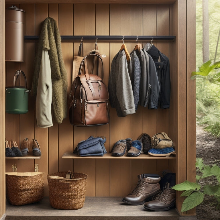 A tidy outdoor gear closet with a slatted wall, hooks for backpacks, and shelves for bins labeled by activity, amidst a calming nature-inspired background with earthy tones and subtle leaf patterns.