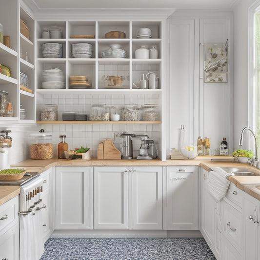 A clutter-free, L-shaped kitchen with sleek, white cabinets, featuring a pull-out spice rack, a hanging utensil organizer, and a compact, three-tiered shelf for maximizing vertical storage.