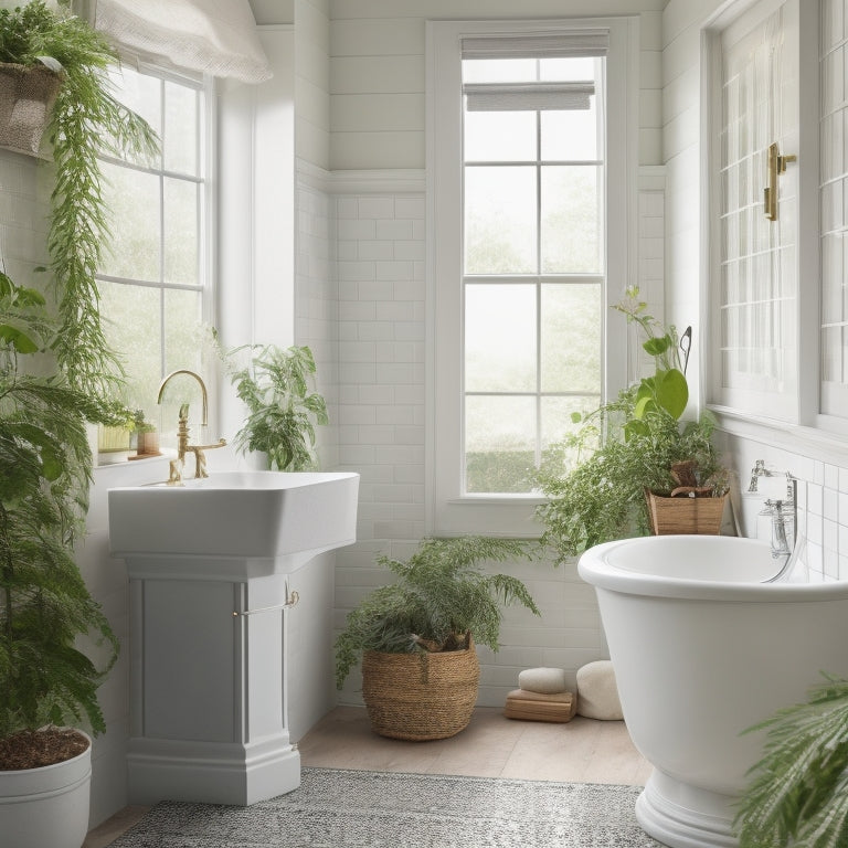 A serene, white-tiled bathroom with a pedestal sink, adorned with a few strategically placed, lush green plants and a woven basket, surrounded by warm, natural light pouring in through a large window.