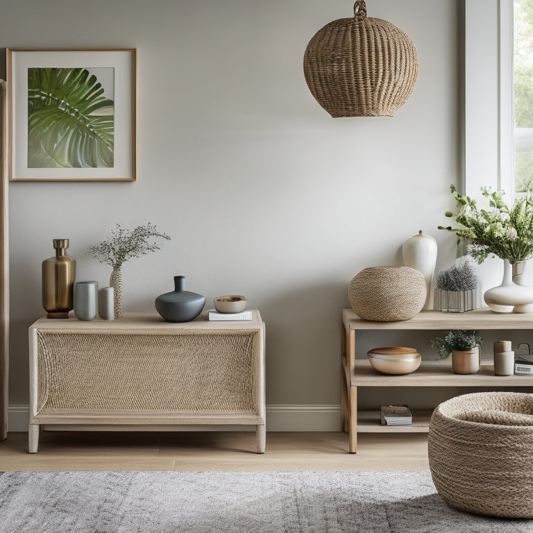 A serene, well-lit living room with a minimalist aesthetic, featuring a tidy built-in shelf with woven baskets, a sleek console table with a few decorative items, and a plush area rug in a calming color.