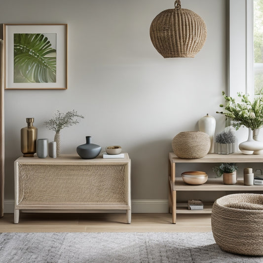 A serene, well-lit living room with a minimalist aesthetic, featuring a tidy built-in shelf with woven baskets, a sleek console table with a few decorative items, and a plush area rug in a calming color.