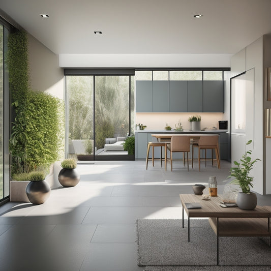 A minimalist interior with a U-shaped kitchen, a spacious living area with a sectional sofa, and a sliding glass door leading to a compact courtyard with a small herb garden.