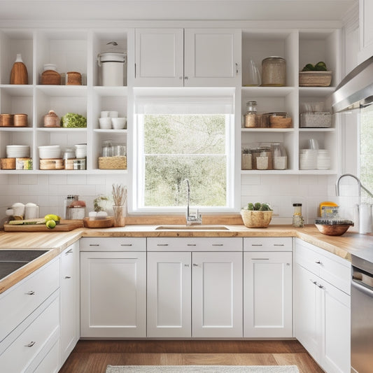 A bright, modern kitchen with sleek white cabinets, warm wooden countertops, and a stainless steel sink, showcasing a pull-out pantry, spice rack, and stacked shelves maximizing vertical space.