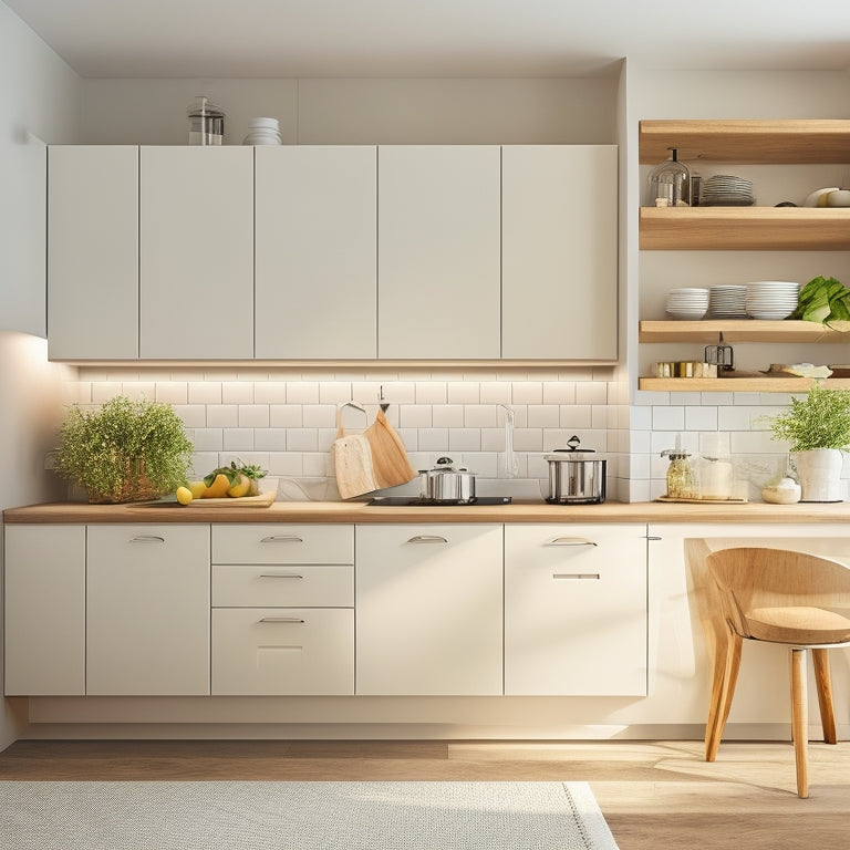 A minimalist kitchen with sleek, wall-mounted appliances, a compact island with built-in sink and cooktop, and a pegboard with hanging utensils and spices, surrounded by creamy white cabinets and warm wood accents.