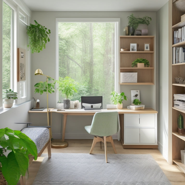 A clutter-free, minimalist room with a Murphy bed, floor-to-ceiling shelves, and a compact desk with a chair tucked underneath, surrounded by lush greenery and soft, natural light.