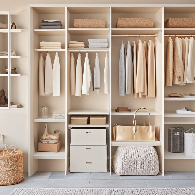 A serene, minimalist closet interior with cream-colored walls, featuring a custom-built organizer system comprising sleek, silver rods, and crisp white shelves, adorned with a few stylish clothing items and accessories.