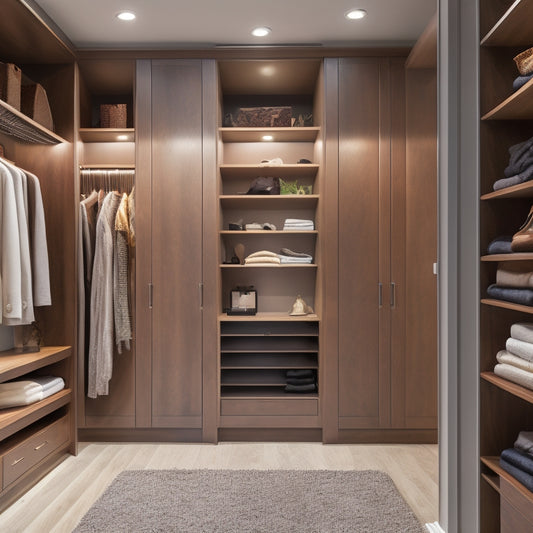 A serene, modern walk-in closet with creamy white walls, dark wood flooring, and a mix of open shelves and closed cabinets in a rich, espresso finish, illuminated by soft, warm lighting.