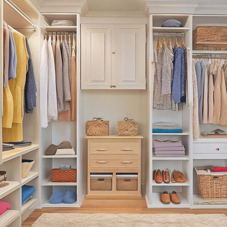 An organized closet interior with a senior-friendly layout: a sturdy, grab-bar-equipped shelf for folded items, a few well-spaced, easy-to-reach hanging rods, and a storage ottoman with a soft, cushioned top.