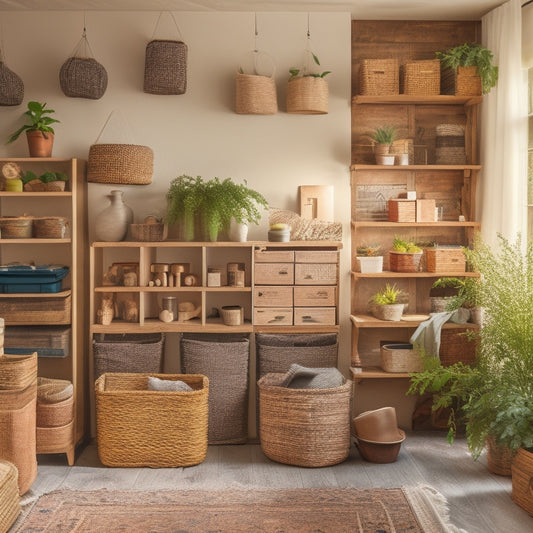 A tidy, well-lit room with a mix of repurposed crates, woven baskets, and DIY shelves in earthy tones, showcasing organized clutter-free spaces and clever storage ideas.