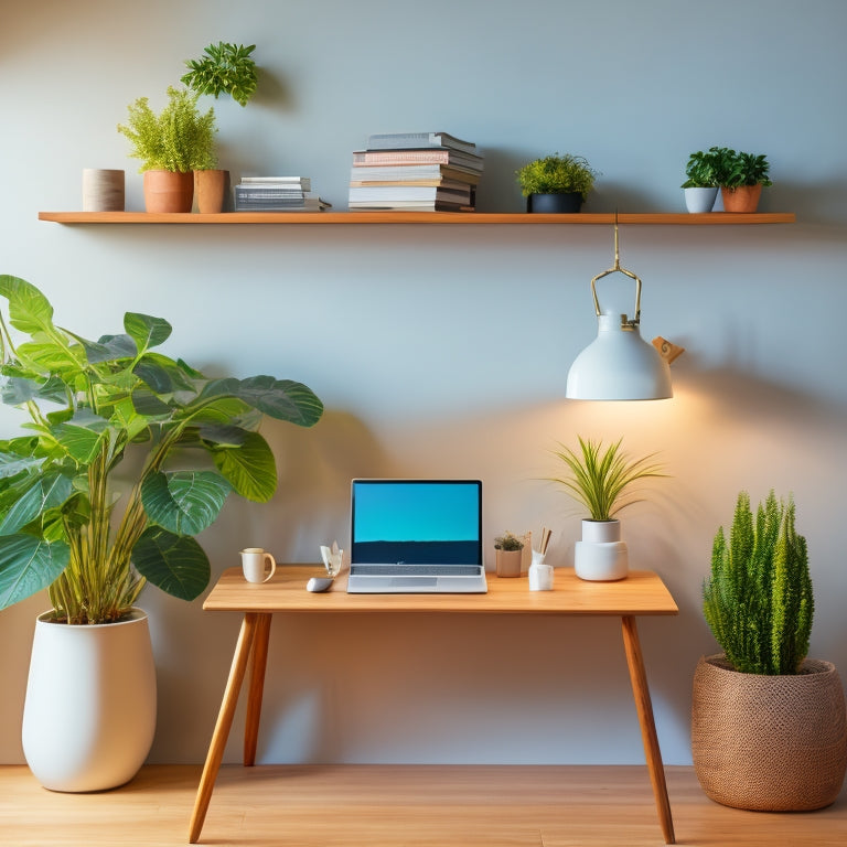 A serene, minimalist workspace with a sleek, wooden desk, a few carefully placed plants, and a single, glowing laptop, surrounded by empty, clutter-free shelves and a calm, neutral-colored background.