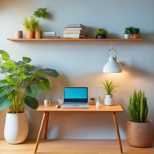 A serene, minimalist workspace with a sleek, wooden desk, a few carefully placed plants, and a single, glowing laptop, surrounded by empty, clutter-free shelves and a calm, neutral-colored background.