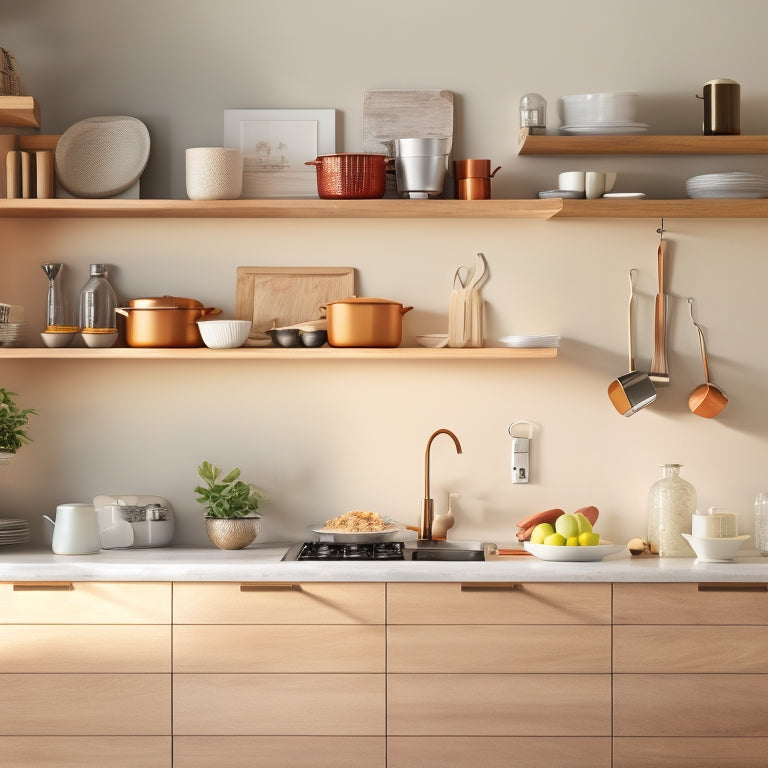 A modern kitchen with sleek, wall-mounted shelves in a warm wood tone, holding a mix of cookbooks, decorative vases, and vibrant kitchen utensils, amidst a subtle background of soft, creamy whites and grays.