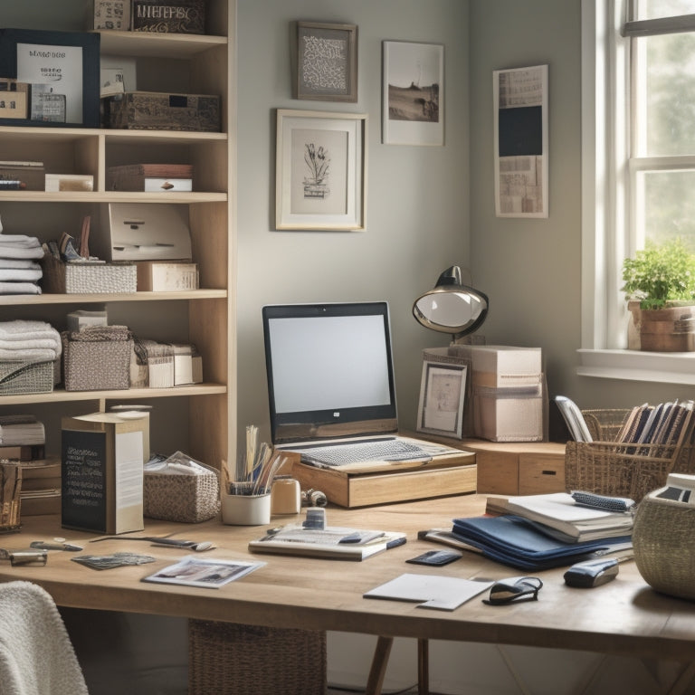 A cluttered room with piles of clothes, books, and papers, transitioning into a tidy space with labeled boxes, a clean desk, and a minimalist bookshelf, with a laptop and a clock in the background.
