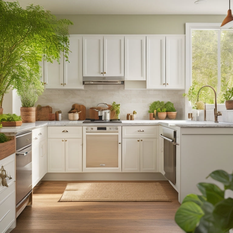 A serene, natural-lit kitchen with creamy white walls, warm wood accents, and sparse, sleek appliances, featuring a compact island with a built-in sink and a few well-placed, lush green plants.