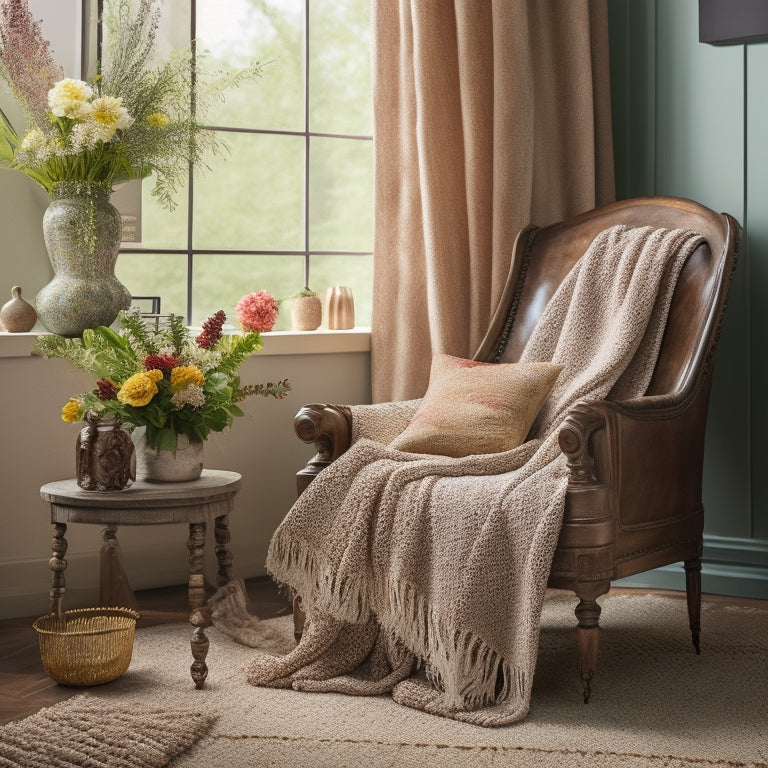 A warm and inviting living room with a DIY throw blanket draped over a vintage armchair, surrounded by scattered paint swatches, a half-finished macrame plant hanger, and a vase filled with fresh flowers.