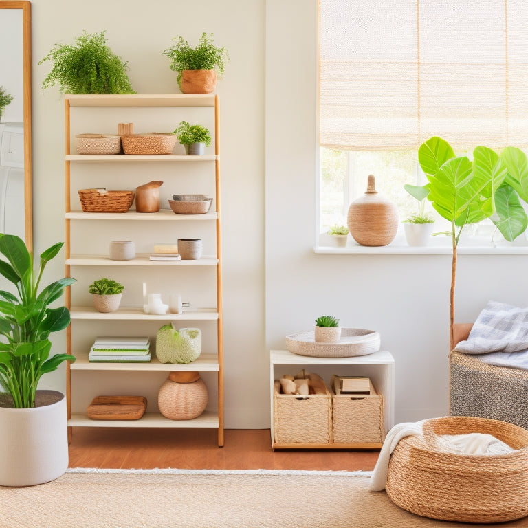 A bright and airy living room with a minimalist aesthetic, featuring a reclaimed wood shelving unit, woven storage baskets, and a few carefully placed potted plants, against a soft, creamy white background.