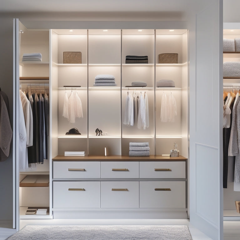 A sleek, modern closet with polished chrome rods, creamy white shelves, and a built-in dresser, illuminated by soft, warm LED lights, with a few stylish outfits and accessories neatly organized.