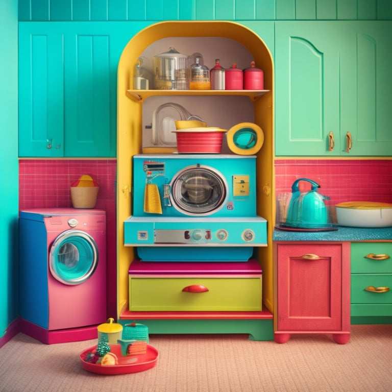 A whimsical, colorful illustration of a microwave snugly fitted into various unexpected spaces: beneath a staircase, inside a cabinet, above a washer, and within a kitchen island.
