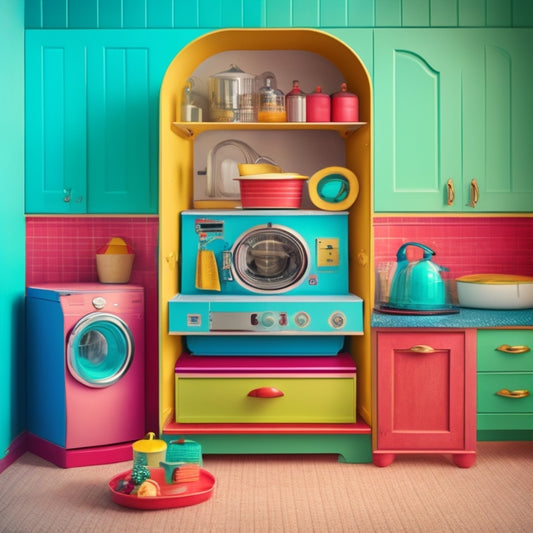 A whimsical, colorful illustration of a microwave snugly fitted into various unexpected spaces: beneath a staircase, inside a cabinet, above a washer, and within a kitchen island.