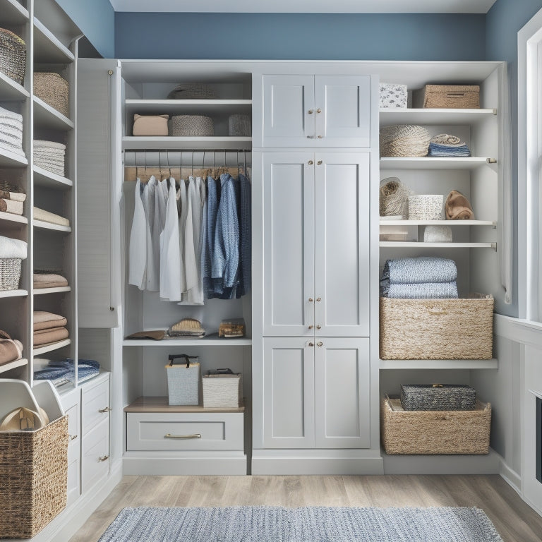 A serene, well-lit closet interior with a mix of open shelves, closed cabinets, and hanging rods, showcasing a variety of storage bins, baskets, and hooks in a calming color palette.