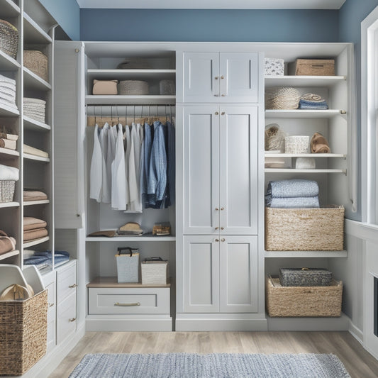 A serene, well-lit closet interior with a mix of open shelves, closed cabinets, and hanging rods, showcasing a variety of storage bins, baskets, and hooks in a calming color palette.