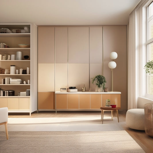 A serene, minimalist interior with cream-colored walls, rich wood accents, and sleek, floor-to-ceiling storage units in a polished chrome finish, illuminated by soft, warm overhead lighting.