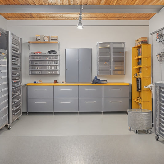 A well-organized garage with a sleek epoxy-coated floor, stainless steel cabinets, and a slatwall with hooks and bins, featuring a parked car and a few strategically placed tools and accessories.