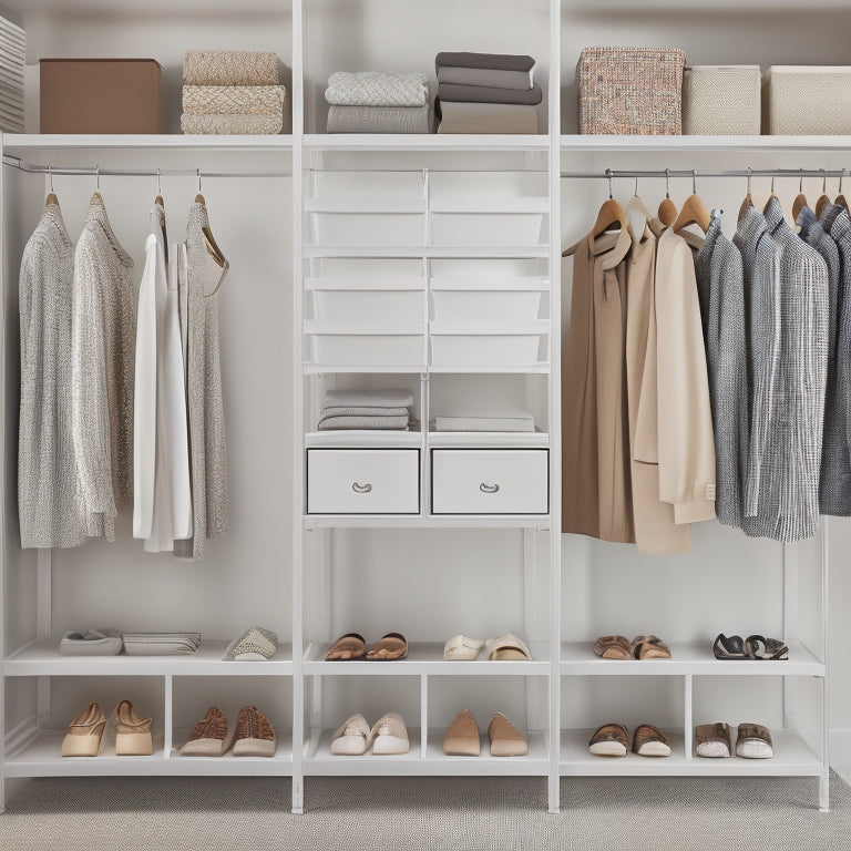 An organized closet with custom shelving units featuring wooden rods of varying heights, sleek metal brackets, and neatly stacked clothing and accessories, set against a soft, white background.
