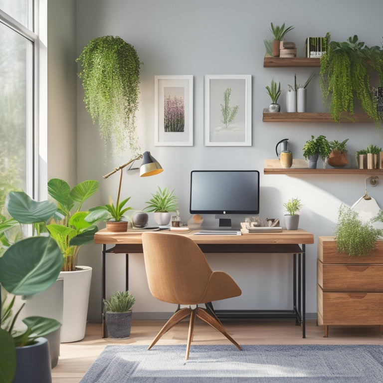 A serene, modern workspace with a sleek, wooden desk, surrounded by minimalist shelves, featuring labeled folders, color-coded files, and a few strategically placed potted plants, bathed in soft, natural light.