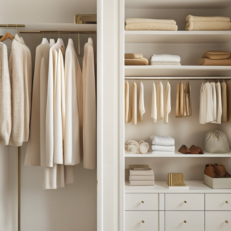 A serene, minimalist closet interior with creamy white shelves, soft golden lighting, and neatly arranged rows of garments on velvet hangers, surrounded by calm, muted colors and minimal accessories.