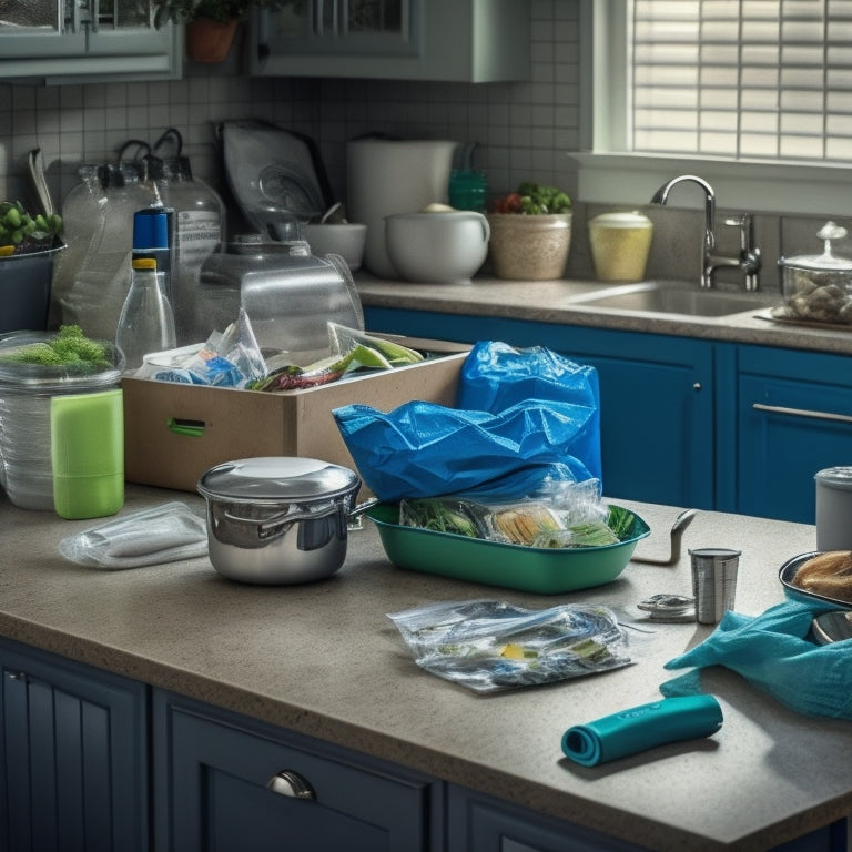 A cluttered kitchen counter with scattered trash bags, contrasted with a tidy pull-out drawer filled with neatly organized trash bag rolls, surrounded by sleek kitchen utensils and a calm background.