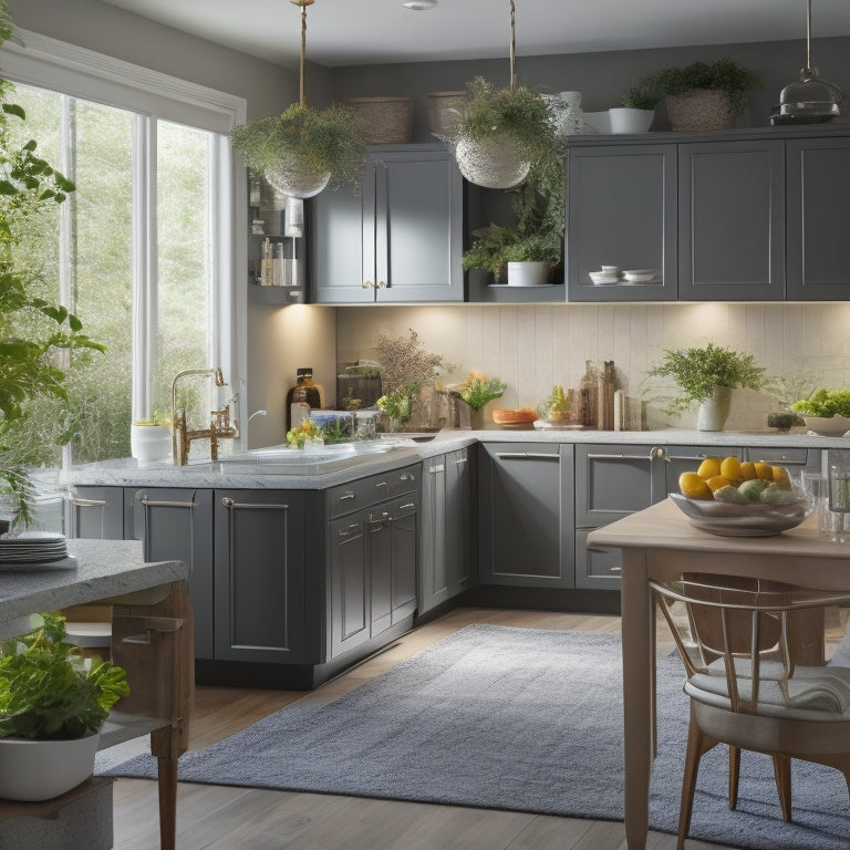 A modern kitchen with sleek countertops, featuring a corner cabinet with a carousel interior, filled with cookbooks, utensils, and dinnerware, surrounded by ambient lighting and a few decorative plants.