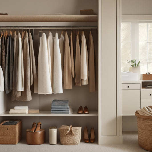 A serene, minimalist closet with neatly arranged clothes on wooden hangers, shoes lined up on a shelf, and a few stylish accessories on a nearby dresser, bathed in soft, natural light.