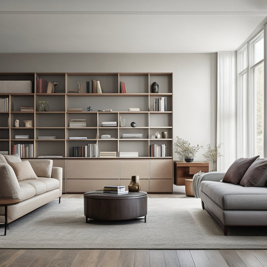 A serene, minimalist living room with a sleek, low-profile storage ottoman under a coffee table, and a floor-to-ceiling bookshelf with hidden drawers and secret compartments.