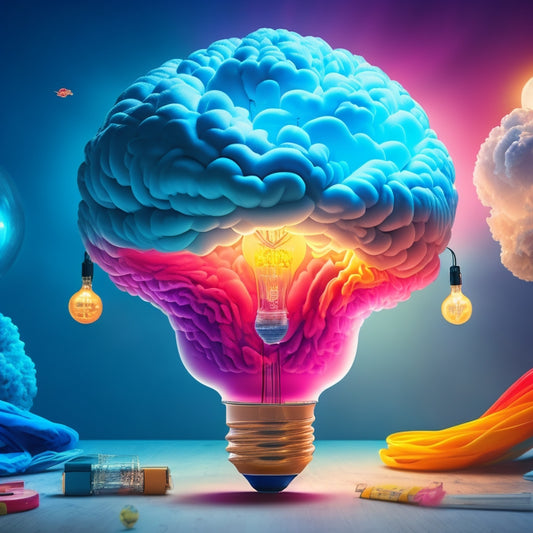 A vibrant, whimsical illustration of a human brain surrounded by colorful, swirling clouds, with glowing lightbulbs and eclectic objects floating out, connected by curly, hand-drawn lines.