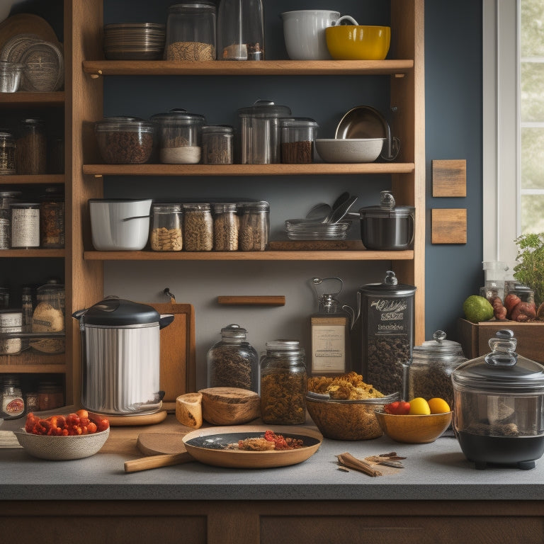 A cluttered kitchen counter with scattered utensils, cookbooks, and appliances, contrasted with a tidy adjacent counter featuring a built-in spice rack, slide-out drawers, and a utensil organizer.