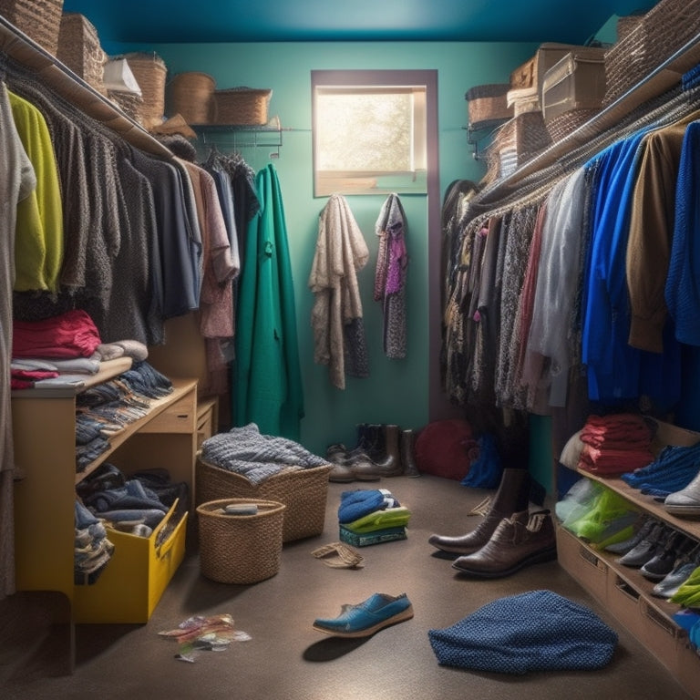 A cluttered walk-in closet with tangled clothes, scattered shoes, and fallen shelves, surrounded by discarded DIY organization tools and crumpled blueprints, with a broken clothes rod hanging limply from the ceiling.