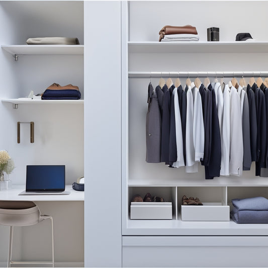 A minimalist, modern closet with a laptop open on a sleek, white shelf, surrounded by neatly organized clothes and accessories, with a wirelessly connected tablet displaying a digital closet organizer app.