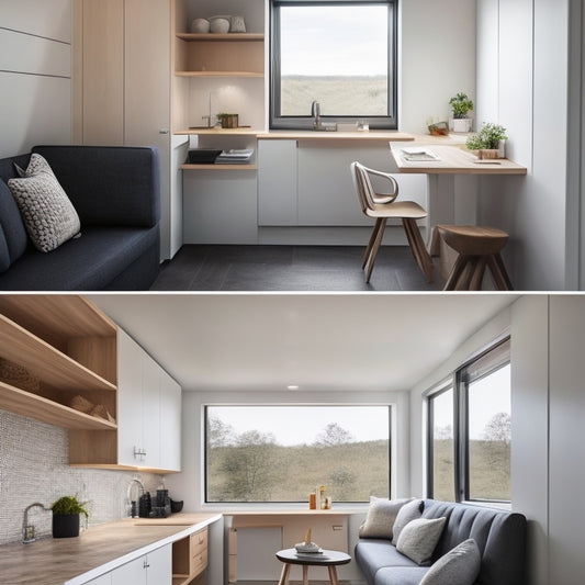 A minimalist tiny home interior with a sleek, low-profile sofa, a compact dining table with two stools, and a space-saving murphy bed with built-in shelving and storage.