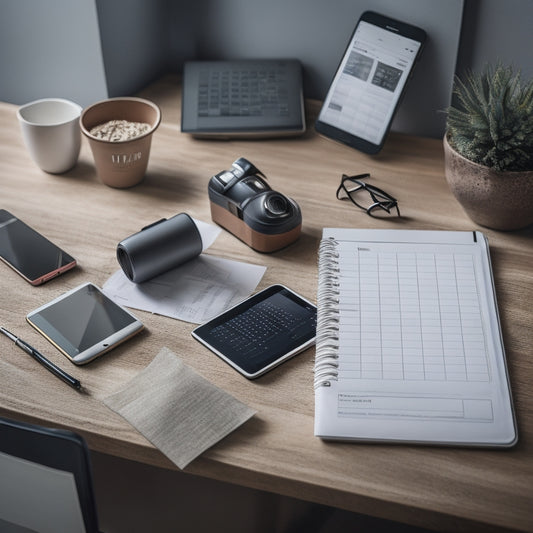 A cluttered desk with a disorganized calendar, scattered papers, and a chaotic to-do list, contrasted with a sleek, minimalist smartphone displaying a tidy digital calendar and organized task list.