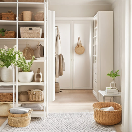 A serene, light-filled closet with creamy white walls, adorned with a floor-to-ceiling ALGOT shelving unit, featuring hanging rods, woven baskets, and a plush area rug, surrounded by calming greenery.