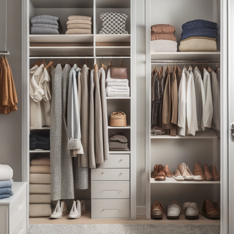 A serene, well-organized closet interior with a mix of neatly hung garments, stacked shoe boxes, and a few select accessories on shelves, illuminated by soft, warm light.