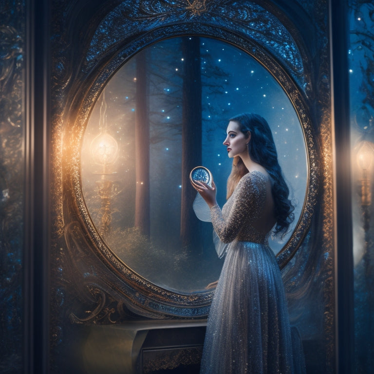 A whimsical, dreamy illustration of a young woman (Brenna Heater) standing in front of a vintage, ornate mirror, surrounded by twinkling stars, misty forest, and fluttering papers with cryptic symbols.