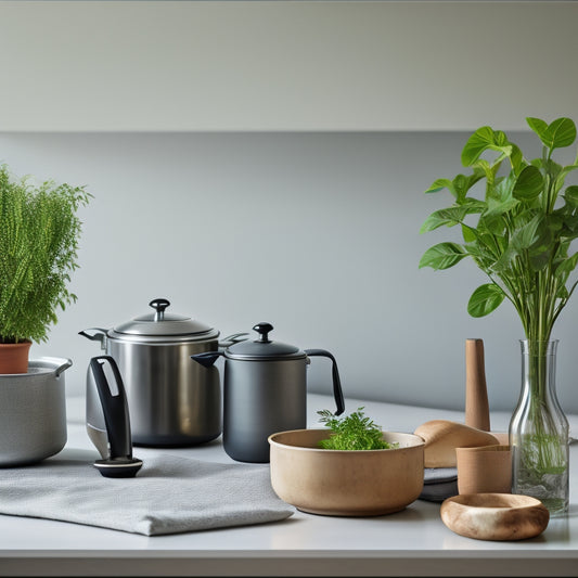 A minimalist kitchen counter with a few, carefully arranged, essential items: a stainless steel kettle, a Le Creuset Dutch oven, a wooden cutting board, and a small potted herb plant.