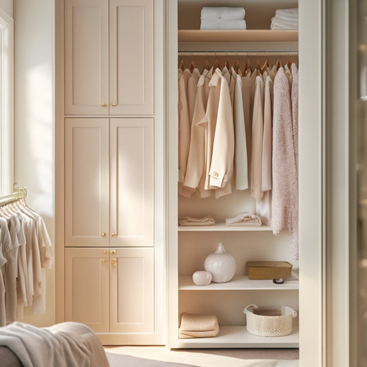 A serene closet interior with cream-colored walls, a minimalist wooden shelf, and a few neatly hung clothes in pastel hues, illuminated by soft, warm natural light filtering through a sheer white curtain.